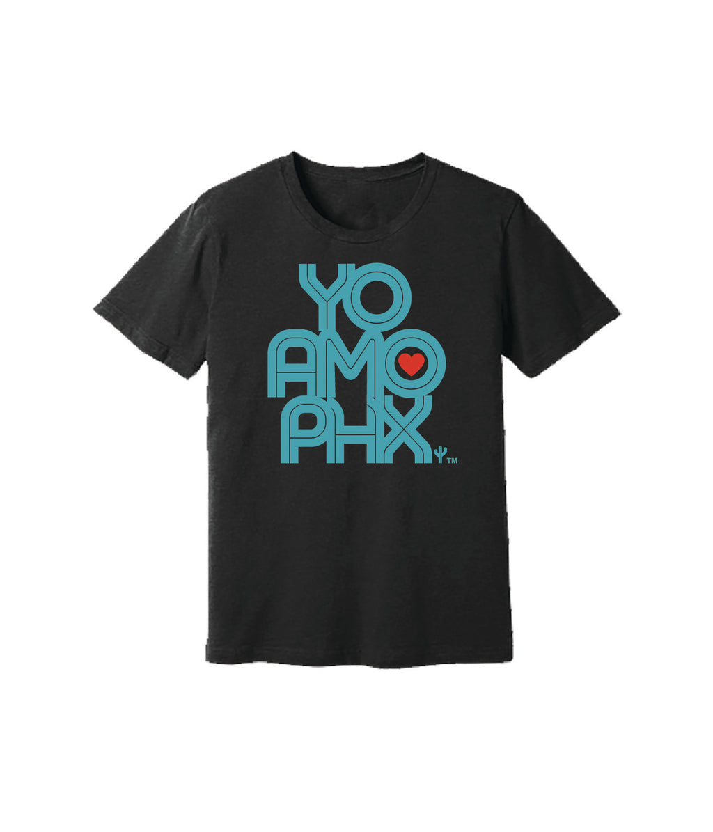 Yo Amo PHX t-shirt in Black Heather, Phoenix-themed graphic tee