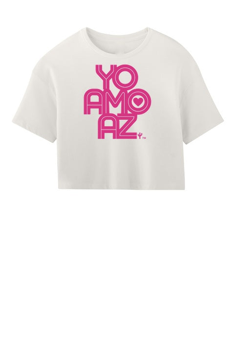 Yo Amo AZ women's crop top in Vintage White, front view with Mexican Pink logo