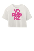 Yo Amo AZ women's crop top in Vintage White, front view with Mexican Pink logo