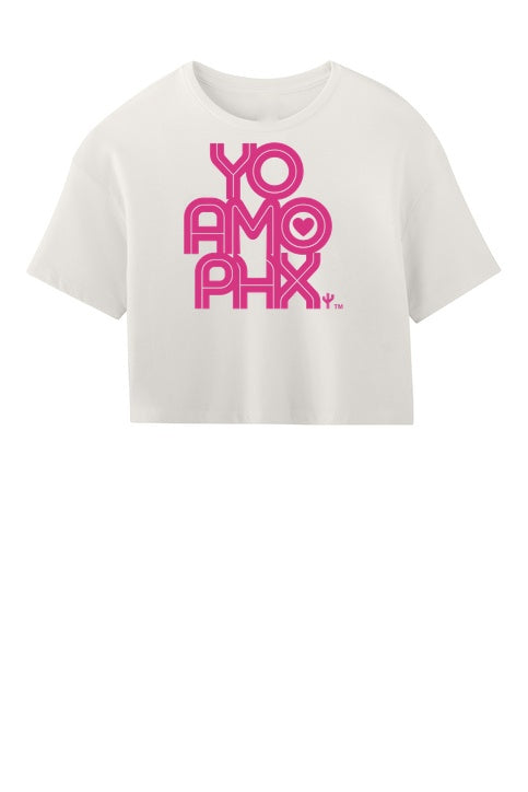 Yo Amo PHX women's crop top in Vintage White, front view with Mexican Pink logo