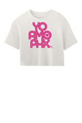 Yo Amo PHX women's crop top in Vintage White, front view with Mexican Pink logo